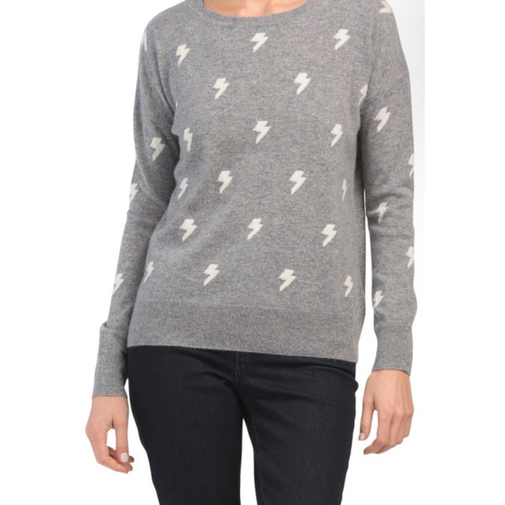 Nicole Miller New York Size M 100% Cashmere Lightning Bolt Pullover Sweater Gray